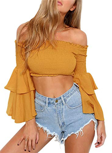 Arjungo Women s Off The Shoulder Tops Long Flared Sleeve Elastic Crop Tops Blouse Shirt Mustard