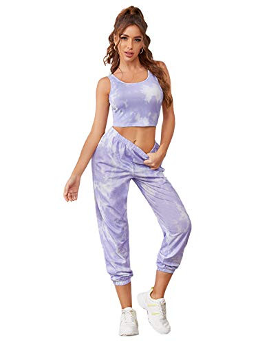 SweatyRocks Women s 2 Pieces Outfits Tie Dye Cropped Tank Top and Sweatpants Tracksuits Set Purple Large
