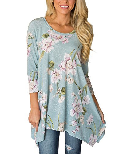MIROL Women s Spring Floral Print 3 4 Sleeve Irregular Hem Asymmetrical Tunic Loose Long Blouse Tops Blue
