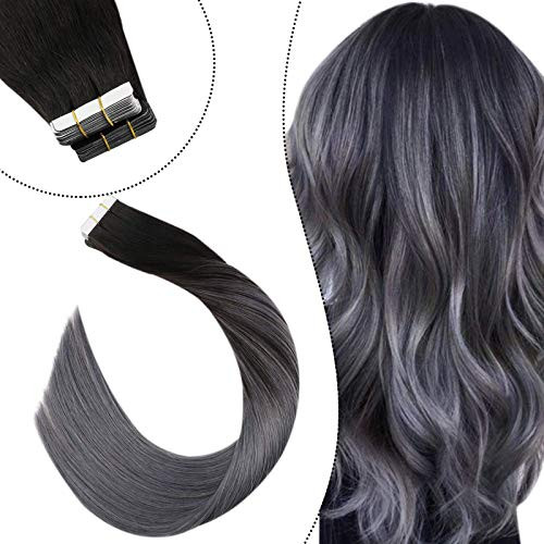 Ugeat Tape in Human Hair Extension 12 Inch Skin Weft Hair Extensions Tape in Real Hair 30g 20pcs Seamless Remy Tape in Human Hair Extensions Balayage 1B Off Black to Silver