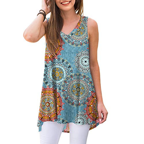 AWULIFFAN Women s Summer Sleeveless V Neck T Shirt Short Sleeve Sleepwear Tunic Tops Blouse Shirts  Flower Multiple Blue Medium