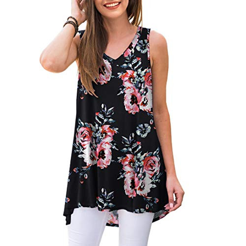 AWULIFFAN Women s Summer Sleeveless V Neck T Shirt Short Sleeve Sleepwear Tunic Tops Blouse Shirts  Flower Black Large