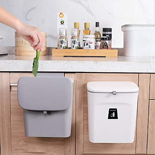KaryHome Hanging Trash Can with Lid for Kitchen Cabinet Door or Under Sink Kitchen Compost Bin Countertop Mountable Trash Can Grey