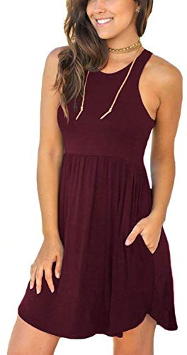 YUNDAI Women s Short Sleeve Casual Loose Plain Dresses Short Dress with Pockets XL Wine Red