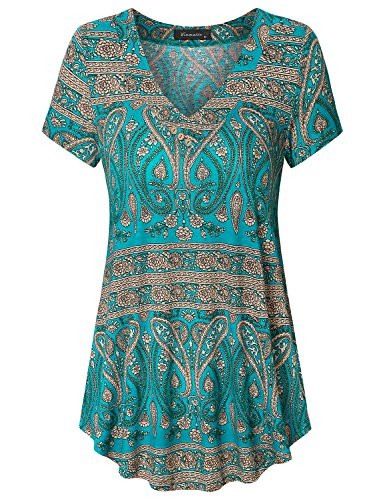 Vinmatto Women s Summer Short Sleeve V Neck Flowy Tunic Top XL Multi Green Blue