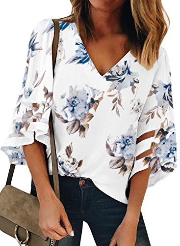 AlvaQ Women Ladies Summer V Neck Casual Floral Print Shirts Blouse 3 4 Bell Sleeve Loose Tunic Tops Fashion 2019 Plus Size White 2X