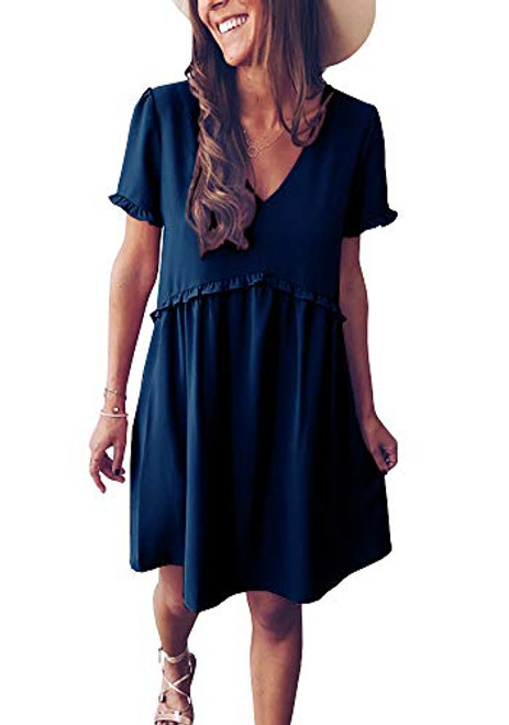 Gemijack Womens Short Sleeve V Neck Ruffle Loose Swing Casual T Shirt Tunic Dress Navy