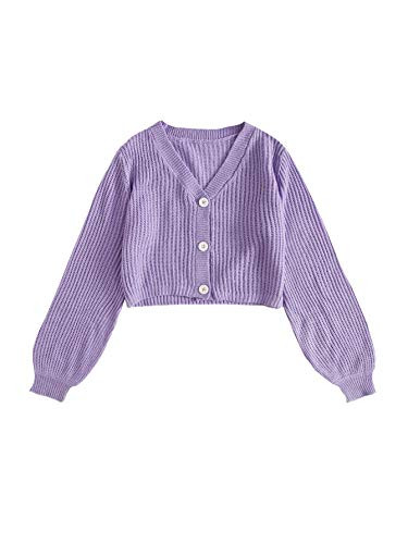 MakeMeChic Women s Solid V Neck Button Front Bishop Sleeve Cardigan Crop Top Purple L