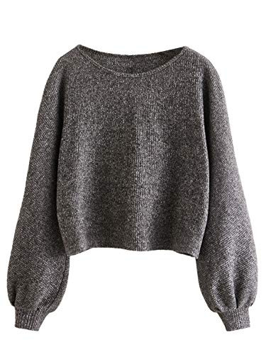 Floerns Women s Solid Boat Neck Long Lantern Sleeve Pullover Thin Sweater Top Grey S