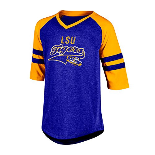 Champion NCAA LSU Tigers Girl s 3 4 Raglan Sleeve V Neck Tunic Tee with Sleeve Taping  Large  Purple Heather