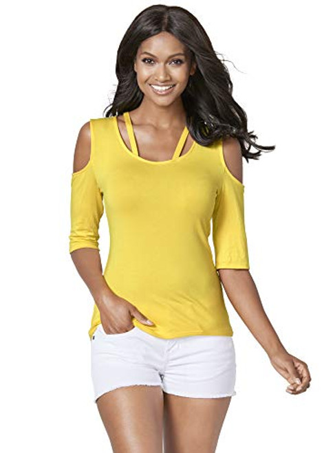 Venus Women s Strappy Cold Shoulder Top Scoop Neck Half Sleeves Form Fitting Style   Yellow   XS