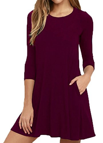 VIISHOW Women s Casual Plain Simple T Shirt Loose Pocket Dresses with Pockets Wine red Large