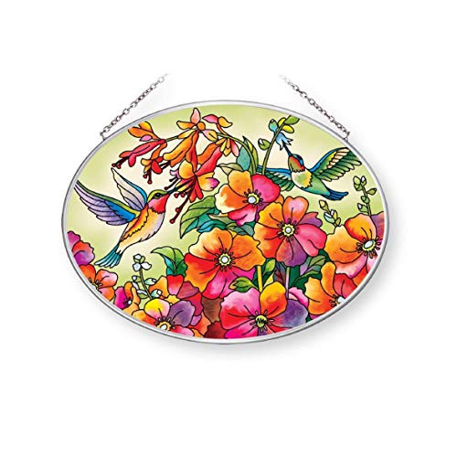 Amia Hummingbird Hideaway  Medium Oval Glass Suncatcher  Multicolored