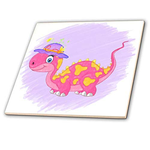 3D Rose Pink and Yellow Girl Dinosaur with a Purple Hat in Crayon for Kids Ceramic Tile  Multicolor