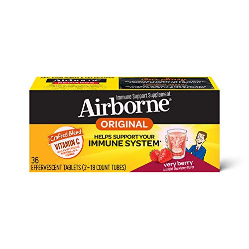 Vitamin C 1000mg  per serving    Airborne Very Berry Effervescent Tablets  36 count in a box   Gluten Free Immune Support Supplement and High in Antioxidants
