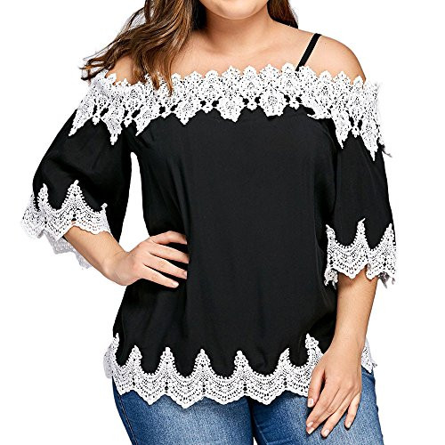 Nevera Women Plus Size Henley V Neck Lace up Tops Patchwork Casual Short Sleeve Blouse Shirts  x Black  XXL