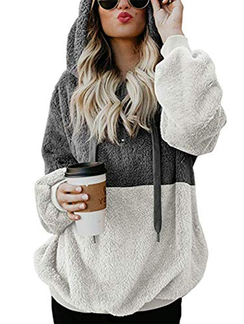 TEMOFON Women s Long Sleeve Zipper Sherpa Sweatshirt Pullover Fuzzy Fleece Winter Casual Hooded Outwear Jackets Coats Dark Grey XL