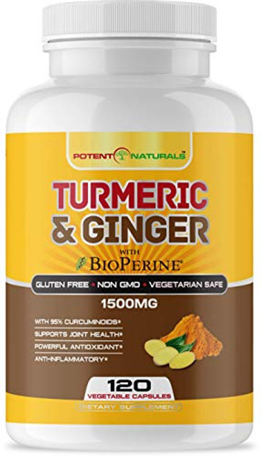Turmeric Curcumin with Bioperine and Ginger 1500mg 120 Vegetable Capsules by POTENT NATURALS Supports Joint Health Anti Inflammatory Antioxidant Supplement High Strength Non GMO Gluten Free Turmeric Curcumin with Bioperine and Ginger 1500mg 120 Vegetable Capsules by POTENT NATURALS Supports Joint Health Anti Inflammatory Antioxidant Supplement High Strength Non GMO Gluten Free