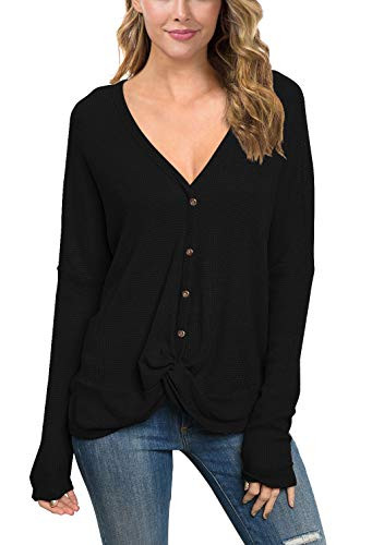 IWOLLENCE Womens Waffle Knit Loose Tunic Blouse Casual Twist Knot Tops Long Sleeve Henley Bat Wing Shirts Black X Large