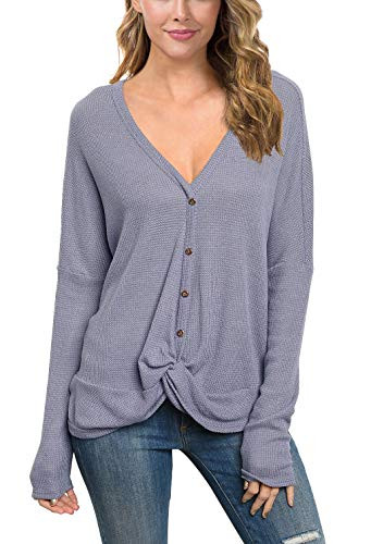 IWOLLENCE Womens Waffle Knit Loose Tunic Blouse Casual Twist Knot Tops Long Sleeve Henley Bat Wing Shirts Purple Gray Medium