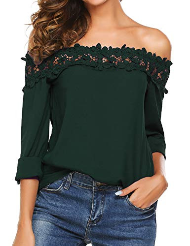 Womens Casual Lace Patchwork Long Sleeve Off Shoulder Tops Chiffon Shirt  Large  Green