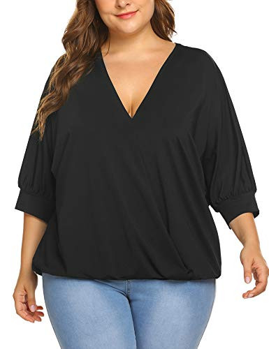 IN VOLAND Women Plus Size Tops Wrap Blouse V Neck Front Drape Tops Casual Loose Shirt  16W 24W  Black