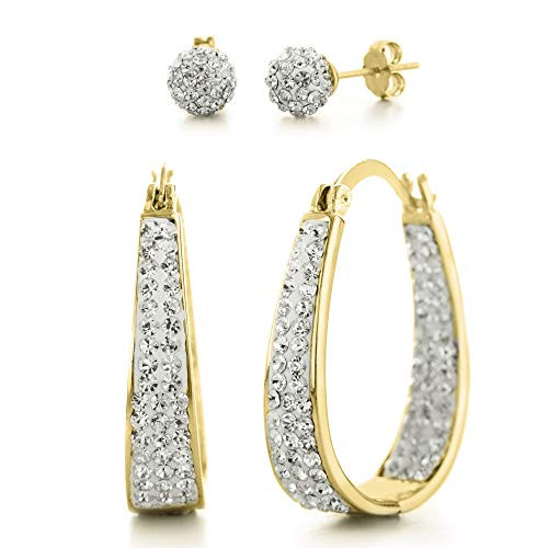 Devin Rose Oval Inside Outside Hoop and Ball Stud Earrings for Women made With Swarovski Crystals in Yellow Gold Plated Brass  Yellow Set