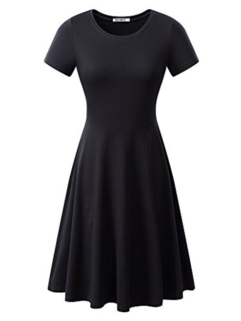 HUHOT Women Short Sleeve Round Neck Summer Casual Flared Midi Dress Medium Black