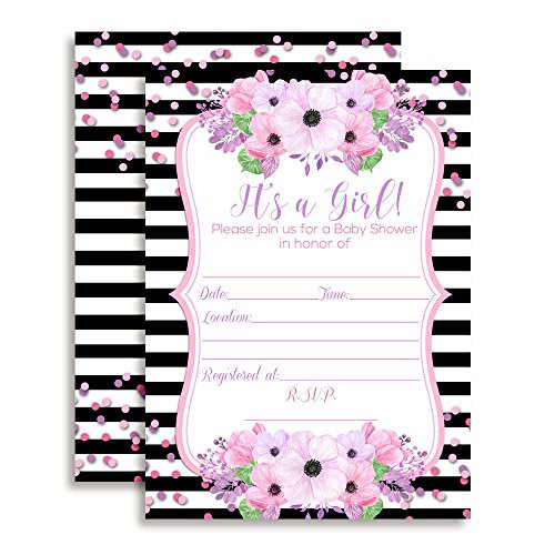 Amanda Creation Pink & Purple Watercolor Floral with Black Stripes Baby Girl Shower Fill in Invitations, Set of 20 Including envelopes