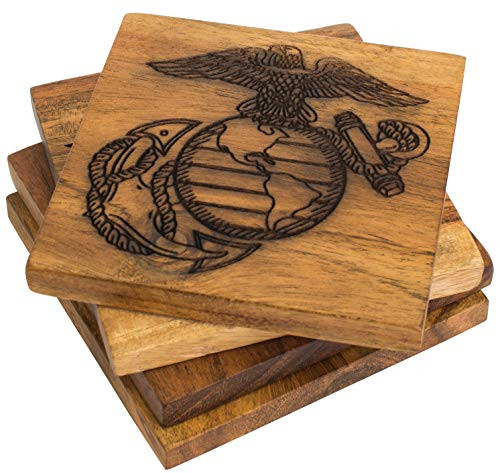 USMC Drink Coasters - Engraved Acacia Wood United States Marine Corps Coaster Set with Eagle, Globe and Anchor Design - Set of Four