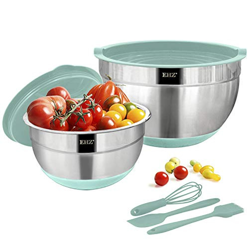 EHZ Mixing Bowls Stainless Steel  Prep Bowl Set with Lids   Egg Whisk  Spreader Spatula  Basting Brush  Non slip Silicone Bottom Nesting Mixing Bowl for Cooking  Baking   Food Storage   7pcs  Aqua
