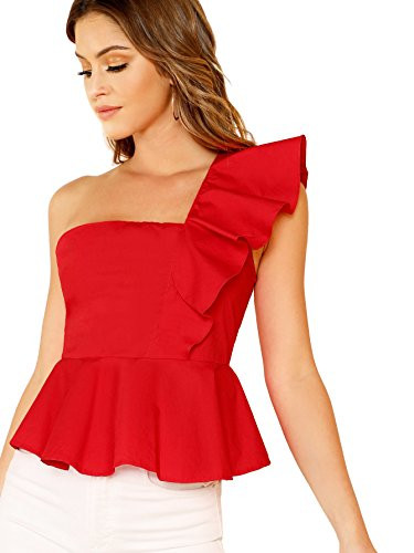 MakeMeChic Women s Sleeveless One Shoulder Ruffle Trim Peplum Top Blouse Red L