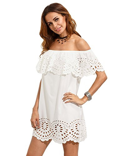 Floerns Women s Off Shoulder Ruffle Loose Tunic Shift Dress White M