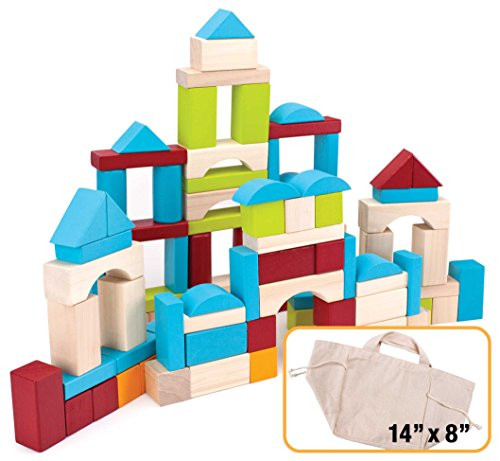 Imagination Generation 100 Piece Natural Wooden Building Block Set with Carrying Bag  Children's Deluxe Stacking Toy Set