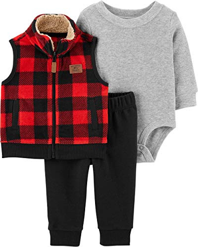 Carter s Baby Boys  3 Piece Plaid Patch Little Vest Set  6 Months  Red Black