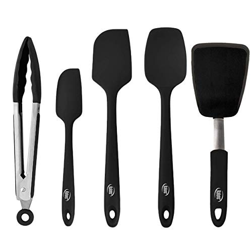 Kaluns 5 Piece set Includes 3 Silicone Spatulas 1 Turner and 1 9  Tong Kitchen Tools Best for Cooking Baking and Mixing  Strong Stainless steel core design Non stick and 600F Heat resistanT