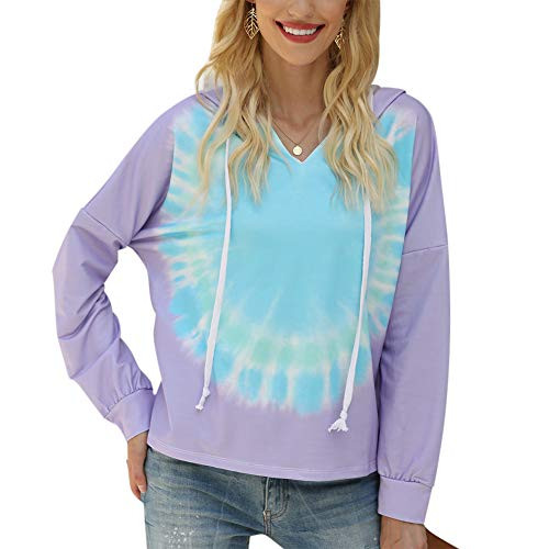 Womens Tie Dye Hoodie V Neck Long Sleeve Loose Pullover Casual Drawstring Hooded Sweatshirts Tops Purple L Womens Tie Dye Hoodie V Neck Long Sleeve Loose Pullover Casual Drawstring Hooded Sweatshirts Tops Purple L