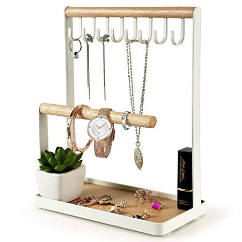 PAMANO Jewelry Stand Holder  3 Tier Necklace Hanging Wooden Ring Organizer Earring Tray  8 Hooks Storage Necklaces  Bracelets  Rings and Watches on Desk Tabletop  White PAMANO Jewelry Stand Holder  3 Tier Necklace Hanging Wooden Ring Organizer Earring Tray  8 Hooks Storage Necklaces  Bracelets  Rings and Watches on Desk Tabletop  White