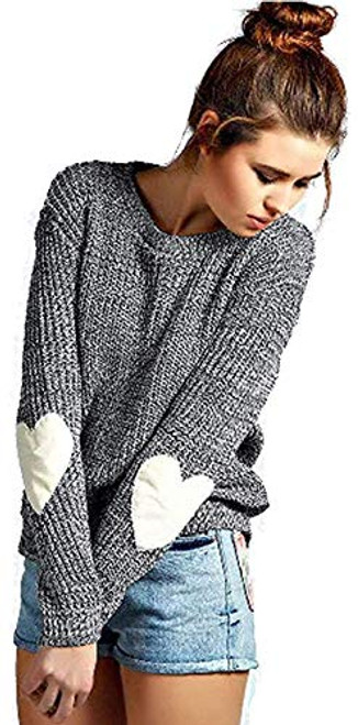 shermie Crew Neck Womens Sweaters Cute Heart Pattern Elbow Patchwork Long Sleeve Knit Sweater Pullover Thin Grey S