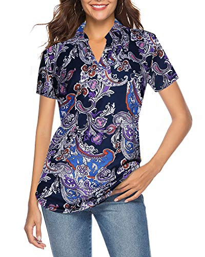 CEASIKERY Women s Short Sleeve Floral V Neck Tops Casual Tunic Blouse Loose Shirt 010 Purple