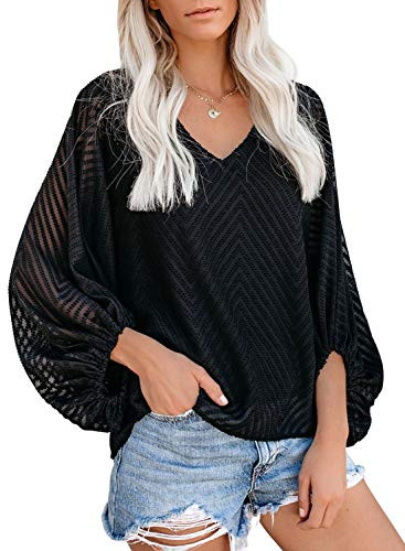 AlvaQ Women Summer V Neck Blouses Long Sleeve Chiffon Blouses Fall Autumn Casual Loose Shirts Tops Black Large