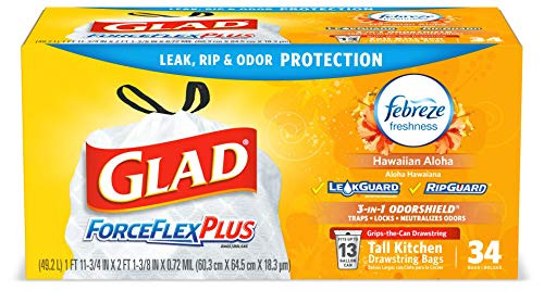 Glad ForceFlexPlus Tall Kitchen Drawstring Trash Bags  13 Gallon White Trash Bag  with Febreze Hawaiian Aloha   34Count  Package May Vary