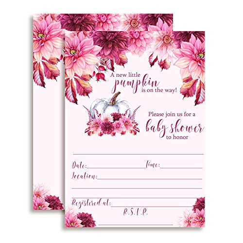 Watercolor Dahlia's with Pumpkins Fall Baby Shower Invitations, 20 5"x7" Fill in Cards with Twenty White Envelopes by AmandaCreation