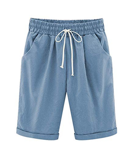 Vcansion Women s Casual Elastic Waist Knee Length Curling Bermuda Shorts with Drawstring Light Blue Asian 7XL US 16W
