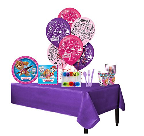 Paw Patrol Pink Girls Birthday Complete Party Pack for 8 Includes 9" Dinner Plates, Lunch Napkins, Cups, Balloons, Cake Deco Candles & Cutlery