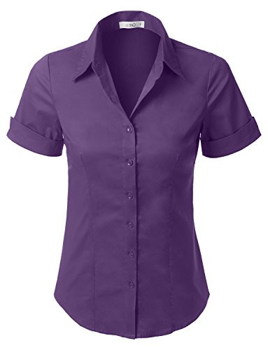 LE3NO Womens Tailored Short Sleeve Button Down Shirt With Stretch L3nwt575 purple Small