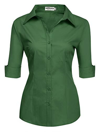 HOTOUCH Womens 3 4 Sleeve Button Down Shirt with Stretch Army Green Medium