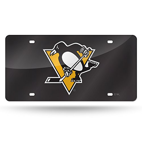 NHL Rico Industries Laser Inlaid Metal License Plate Tag  Pittsburgh Penguins   Penguin Team Color  6 x 12 inches