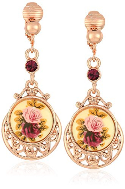 1928 Jewelry Women s Rose Gold Tone Purple Crystal Flower Clip Drop Earrings  Purple  One Size