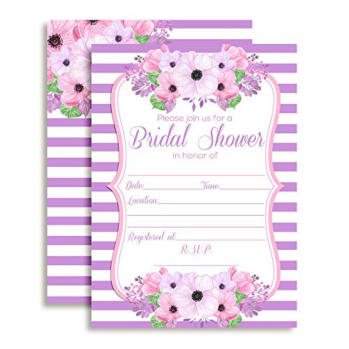 Watercolor Floral Pink and Purple Bridal Shower Party Invitations, Twenty 5"x7" Fill in Cards with 20 White Envelopes by AmandaCreation